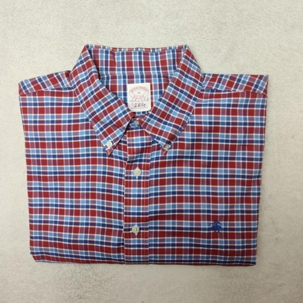 Brooks Brothers Shirt Mens XL Red Plaid Button-Up Oxford OCBD‎ Collared Work